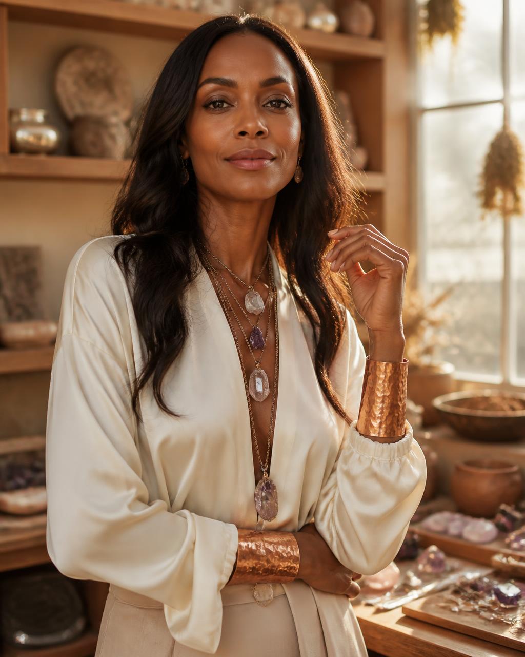 Jazheri Moore, founder of Enerjazz Jewels, wearing layered copper and gemstone pieces in her studio