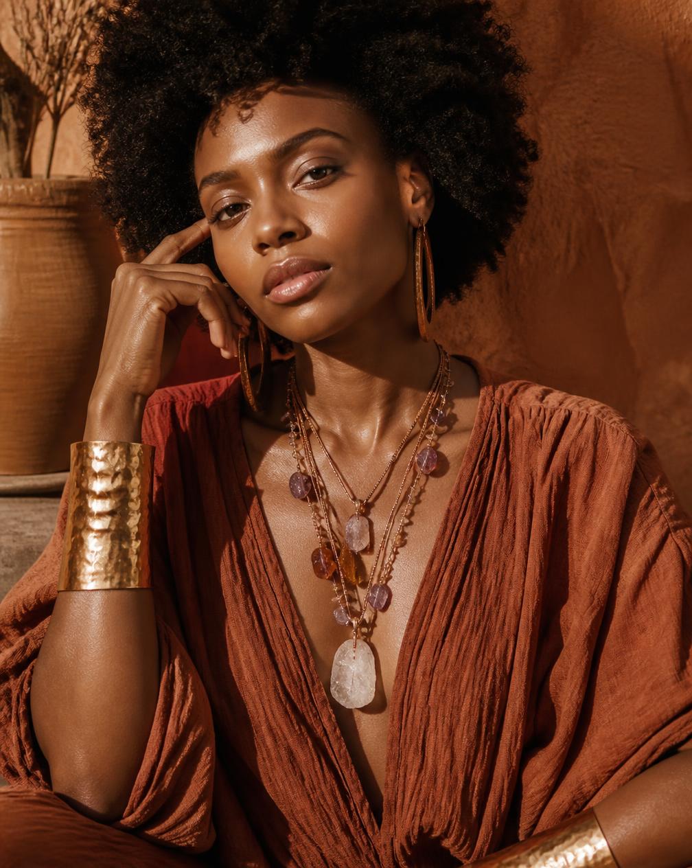 Woman wearing layered raw crystal necklaces and hammered copper cuffs in warm sunlight